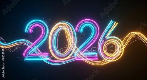Illuminated 2026 New Year's Celebration with Abstract Light Trails and Futuristic Glow