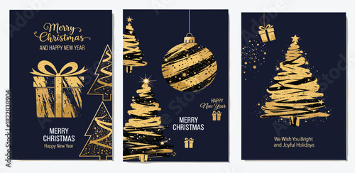 Elegant Golden Christmas Greeting Cards with Festive Decorations