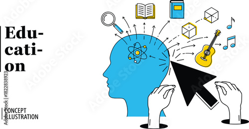 Conceptual illustration of a human head filled with various objects representing knowledge, learning, and intellectual pursuits
