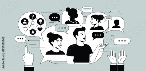 Illustration of diverse people communicating within speech bubbles, representing networking and social interaction