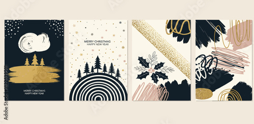 Chic Abstract Holiday Card Vector Set with Artistic Christmas Motifs and Glimmering Gold Details, Embracing a Modern Festive Concept for Seasonal Wishes