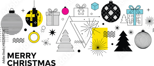 Festive Geometric Christmas Card Design Featuring Ornaments, Gifts, and a Bold 'Merry Christmas' Greeting