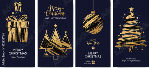 An elegant collection of modern Christmas and New Year greeting cards featuring abstract gold brushstroke illustrations of a gift box, trees, and an ornament