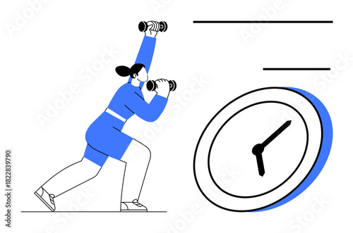 Woman in activewear lifting dumbbells while clock signifies time management, fitness routine, daily habits, wellness, goal achievement, self-discipline, personal development. Simple flat metaphor