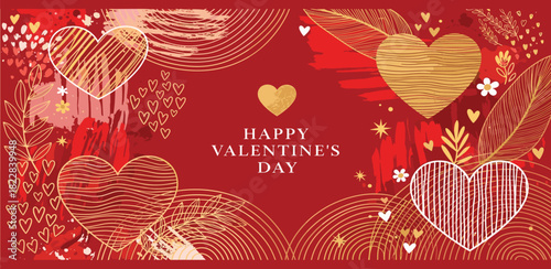 Happy Valentine's Day Red Background with Golden Heart Illustrations and Abstract Shapes for Romantic Celebrations
