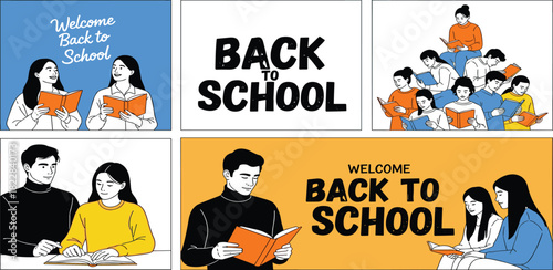 Illustrations depict diverse students engaged in reading and studying, symbolizing the pursuit of knowledge, personal growth, and the welcoming return to academic life and learning