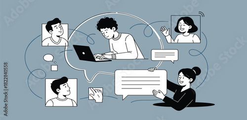 Dynamic illustration of a diverse team communicating and collaborating virtually, symbolizing modern remote work, digital connections, and productive online interaction