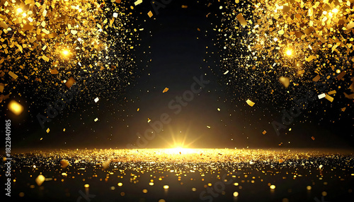 Wallpaper Mural 金の紙吹雪。光。背景黒。遠近感。立体感。Gold confetti. Light. Black background. Perspective. Three-dimensional effect. Torontodigital.ca