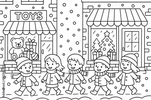 Snowy Street Coloring Page. Festive street evening children?s coloring book illustration, outlined drawing,
