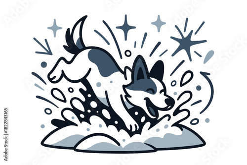 Joyful Winter Dive. Winter fun burst. Dog joyfully diving into a pile of snow with snow spray and glowing