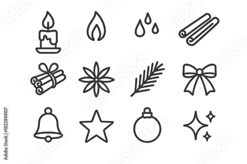 Candlelight and Spice Icons. Candlelight and Cinnamon Sticks. Line outline icon set of Candlelight and