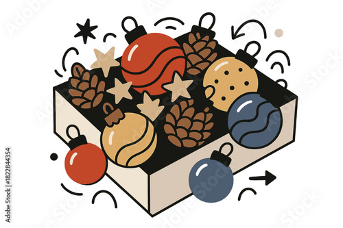 Festive Ornament Collection. Ornament collection. Assorted baubles in red, gold, and blue inside a box, mixed