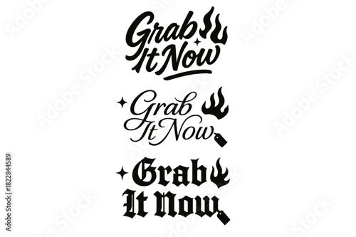 Grab It Now. Grab It Now. Create a calligraphy lettering illustration of the phrase: Grab It Now. Render 3
