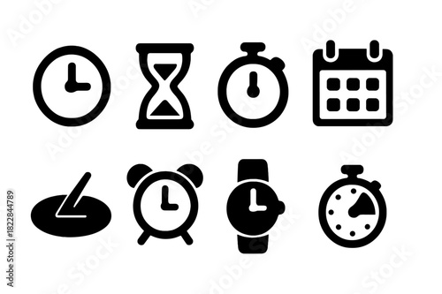 Timekeeping Icon Set. Time passing. Filled icon set of time passing: clock face, hourglass, stopwatch,