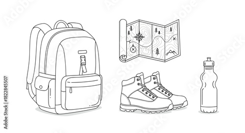 Plan your next adventure with this hiking gear outline: backpack, map, boots, and water bottle