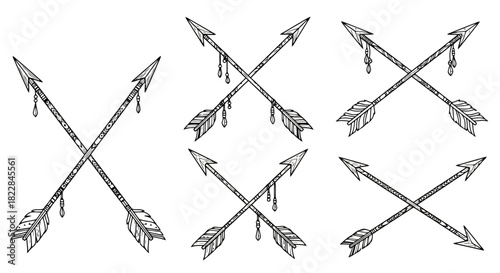 Tribal Arrows Tattoo Design Hand Drawn Vector Illustration Set with Feathered Arrows and Dripping Effect