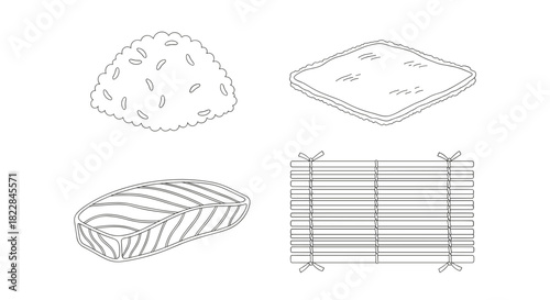 Prepare sushi at home with this essential ingredients illustration, rice, salmon, tofu, and mat