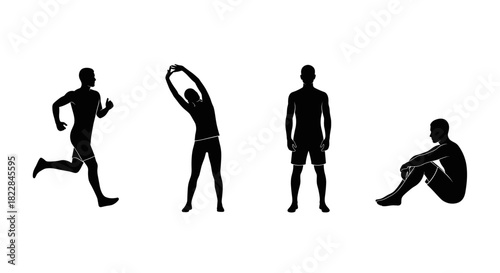 Active lifestyle silhouettes showing fitness training, stretching exercises and sporty relaxation pose
