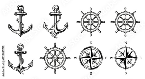 Nautical Icons Collection Anchors Ship Wheels and Compass Rose Designs for Marine and Travel Themes