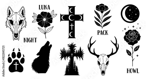 Mysterious Gothic and Occult Symbols Set Wolf Skull Moon Crosses Roses Deer Skull Paw Print Tattoo Design Elements
