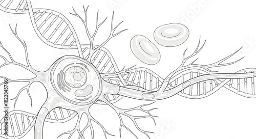 Stunning neuron cell anatomy with DNA, blood cells and neural network for medical illustration