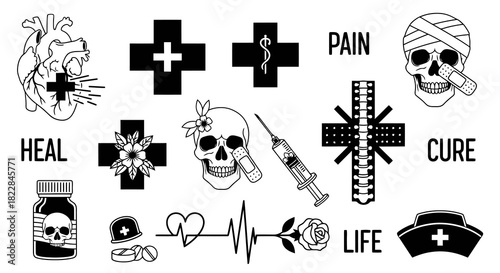Medical and Dark Symbol Collection Skulls Hearts Crosses Syringe Caduceus Life Cure Pain