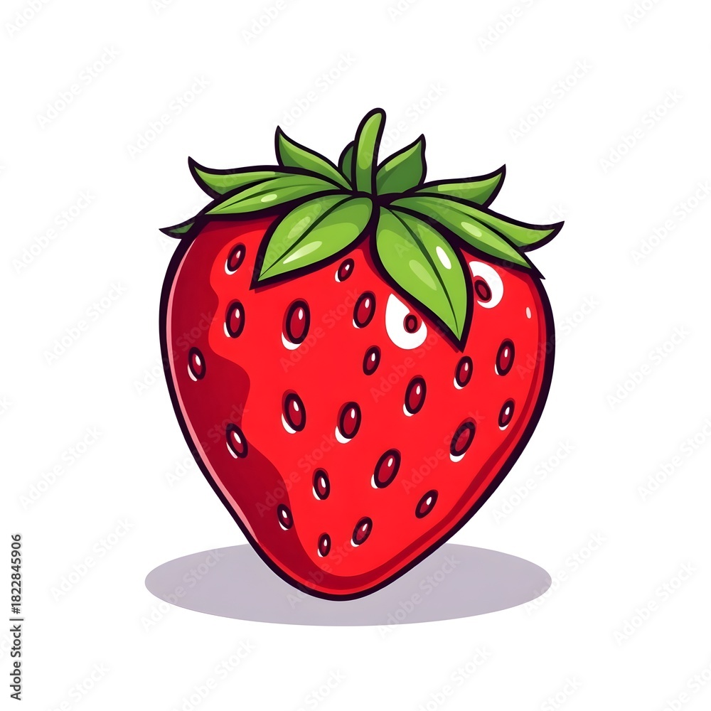 Obraz premium Strawberry on white background. A red strawberry with a green leaf on top. The strawberry is the main focus of the image. 