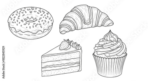 Delicious pastry sketches for baking projects, bakery menu designs and culinary illustrations