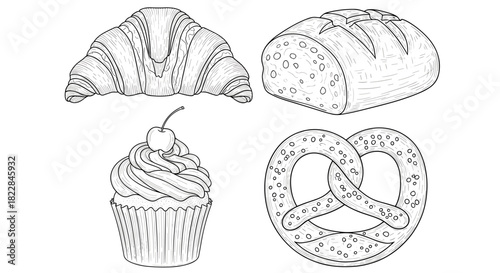 Delicious bakery sketch, vintage style breads and pastries for a charming, artisanal feel