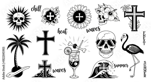 Summer Vibes Tattoo Flash Set Skulls Crosses Flamingo Palm Tree Cocktail Waves Flowers