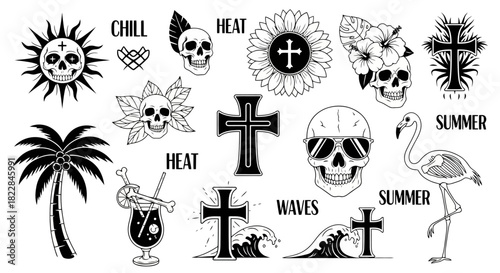 Summer Vibes Tropical Skulls Sun Flamingo and Beach Crucifix Icons Black and White Illustration Collection