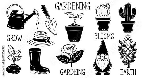 Gardening Elements Tools Plants Gnome Watering Can Hat Boots Cactus Black and White Vector Icons