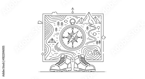 Adventure awaits: Hiking boots with compass and mountain map for wanderlust travel plans