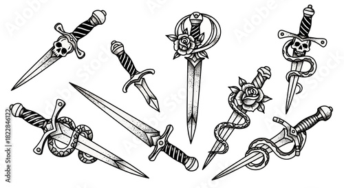 Vintage Tattoo Style Dagger and Snake Illustrations Set of 8 Ornate Blades