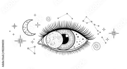 Mystical eye with moon reflection, stars and constellations, magical vector astrology design