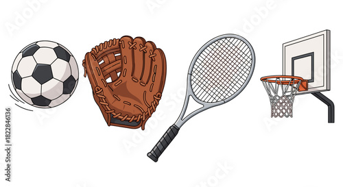Dynamic sports equipment collection featuring soccer ball, baseball glove, tennis racket, and basketball hoop
