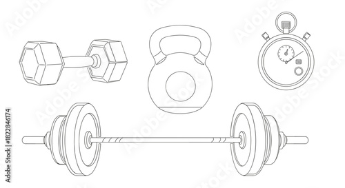 Fitness gear outline for workout, training, and exercise routines in vector design style