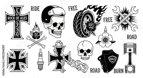 Motorcycle Tattoo Flash Sheet Skulls Crosses Flames and Biker Icons for Edgy Designs