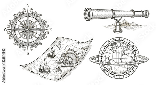 Vintage exploration tools and nautical map for adventure themes, perfect for travel and history projects