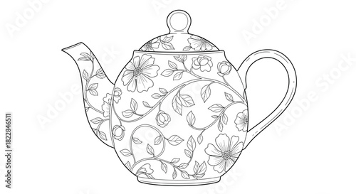Elegant floral teapot vector drawing for coloring book project or vintage tea party design needs