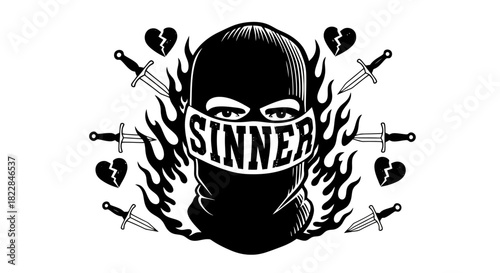 Aggressive Sinner Masked Bandit with Knives and Broken Hearts Artwork
