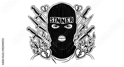 Aggressive Sinner Masked Figure with Swords Flames and Broken Hearts Menacing Illustration