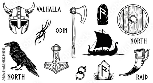 Viking Warrior Symbols Norse Mythology Icons Helmet Axe Thor s Hammer Longship Runes Raven Shield Horn