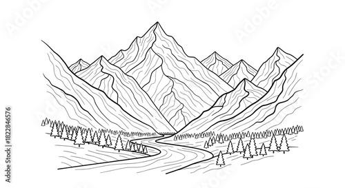 Stunning mountain range landscape illustration for coloring books or scenic designs, originally vector