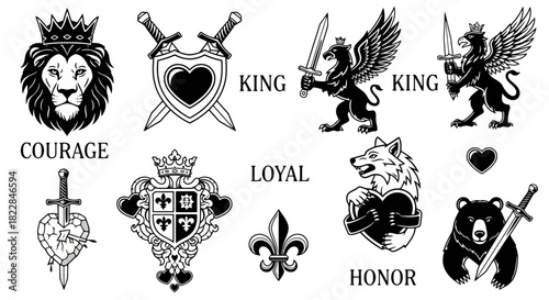 Powerful Heraldic Emblems Lion King Wolf Bear Heart Sword Crown Symbolism of Courage Loyalty Honor