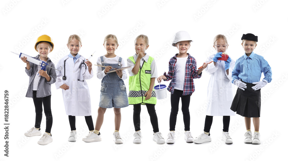 Obraz premium Little kid in different clothes on white background, collage. Choice of profession. Same girl representing various occupations