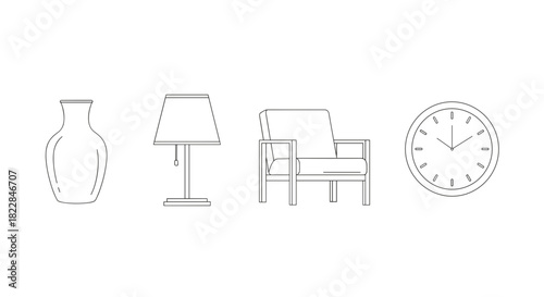 Minimalist outline icons of furniture, decor, and a clock for interior design projects originally vector
