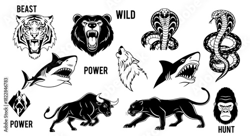 Wild Animal Tattoo Design Set Tiger Bear Cobra Wolf Shark Panther Gorilla Bull Icons Power Beast Hunt