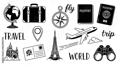Travel and Adventure Icons Collection Globe Suitcase Passport Airplane Eiffel Tower Binoculars for Vacation and Exploration