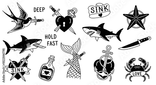 Nautical Tattoo Flash Sheet Sharks Anchors Hearts Mermaids Swallows Stars Vintage Sailor Art Badges